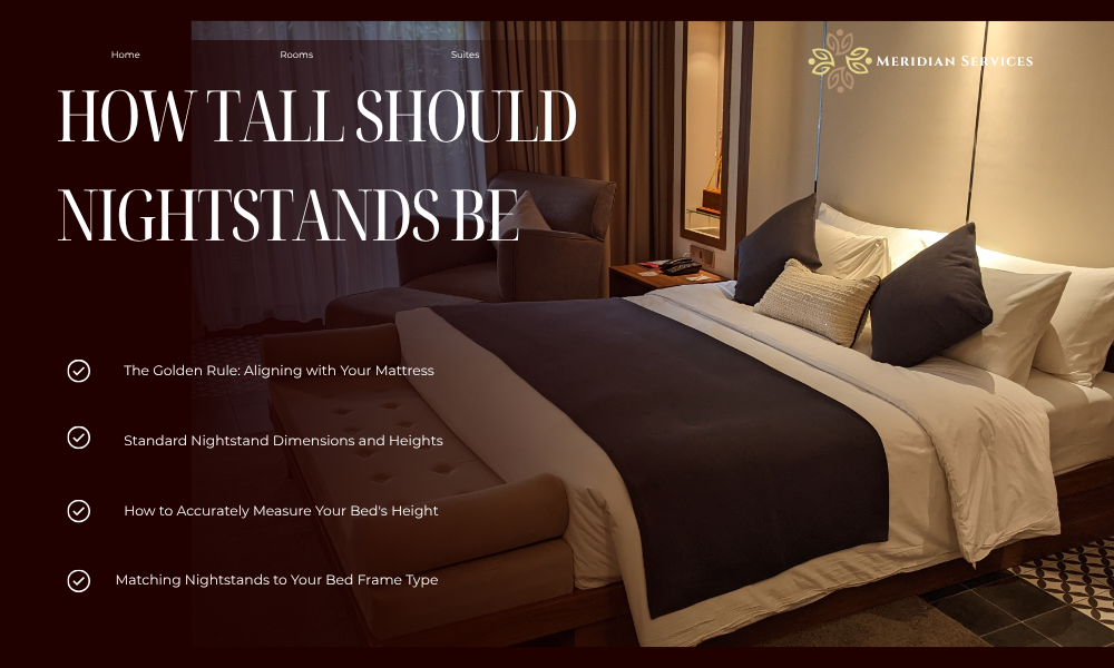How tall should nightstands be Finding the right furniture for your bedroom often feels like a balancing act between aesthetics and daily functionality. While choosing a frame or choosing a cozy duvet cover gets most of the attention, the humble nightstand plays a crucial role in how well your bedroom works on a practical level. One question comes up far more often than you might think: how tall should nightstands be? Pick a table that is too tall, and you will find yourself reaching awkwardly upward in the dark just to hit snooze on your alarm. Choose one that is too short, and you risk knocking over your glass of water every time you reach out from under the covers. Getting this dimension right creates visual balance and ensures effortless comfort every single night. The Golden Rule of Nightstand Height If you are looking for a straightforward benchmark, interior designers rely on one primary rule of thumb: Your nightstand should sit level with the top of your mattress, or within 2 to 4 inches higher. In an ideal layout, your hand should glide sideways from the bed straight onto the tabletop. When your bedside table aligns closely with your mattress height, turning off a lamp, grabbing a book, or picking up your phone requires almost zero physical effort. While matching the exact height of your mattress provides the cleanest look, staying within that 2 to 4-inch margin above the mattress line is completely acceptable—and often preferable if you like reading while sitting up in bed. Typical Standard Nightstand Measurements Most off-the-shelf bedside tables fall within a standard range: Standard Height: 24 to 28 inches Standard Width: 18 to 24 inches Standard Depth: 16 to 20 inches Because most traditional bed setups (including a standard frame, box spring, and mattress) measure around 25 to 27 inches tall, the furniture industry builds most nightstands to meet that mid-range height. However, modern bed designs vary wildly today. A low-profile platform bed sits much closer to the rug than a traditional pillow-top setup on a box spring, meaning a "standard" 26-inch nightstand won't suit every room. How to Measure Your Mattress Height Accurately Before you start browsing through online stores or furniture showrooms, grab a tape measure. You need to know the exact height of your specific sleeping setup. Step 1: Set Up Your Complete Bed Make sure your bed frame, box spring (if you use one), mattress, and any extra mattress toppers are completely assembled. Mattress toppers add real height, so do not skip this step! Step 2: Measure from the Floor Place your tape measure flat against the floor right beside your bed. Pull the tape up to the top surface of your mattress, keeping the line straight. Step 3: Record Your Target Range Note down the total inches from the floor to the top edge of your mattress. This total is your baseline. Your ideal nightstand height: Equal to your measurement. Your maximum nightstand height: Your measurement + 2 to 4 inches. Your minimum nightstand height: Your measurement - 1 to 2 inches (if necessary). Matching Nightstands to Different Bed Types To keep your proportions spot-on, match your nightstand's profile to the structure of your bed frame. 1. Platform Beds and Low-Profile Frames Platform beds eliminate the box spring, sitting much closer to the ground. Average Bed Height: 18 to 22 inches Recommended Nightstand Height: 18 to 24 inches Vibe: Sleek, mid-century modern, or Scandinavian minimalist. 2. Traditional and Standard Beds Standard metal or wooden bed frames with a box spring and medium mattress. Average Bed Height: 23 to 27 inches Recommended Nightstand Height: 24 to 28 inches Vibe: Classic, transitional, or cozy farmhouse. 3. Extra-Tall, Pillow-Top, or Canopy Beds Plush setups featuring thick pillow-top mattresses or elevated storage bases. Average Bed Height: 28 to 34 inches Recommended Nightstand Height: 28 to 32 inches Vibe: Grand, luxurious, or traditional master suite. Quick Reference Guide Bed Type Distance from Floor to Mattress Top Ideal Nightstand Height Range Low-Profile / Platform 18" – 22" 18" – 24" Standard Setup 23" – 27" 24" – 28" Tall / Pillow-Top / Canopy 28" – 32"+ 28" – 32" Is It Better for a Nightstand to Be Taller or Shorter? If you cannot find a bedside table that matches your exact mattress height, you face a common choice: go slightly taller or slightly shorter? Why Slightly Taller Works Better If you have to choose between a nightstand that is 3 inches too tall or 3 inches too short, choose the taller option. A nightstand that sits slightly above your mattress prevents items like glasses or water bottles from getting accidentally swept off the table by your pillows or duvet. It is also physically easier to reach sideways and slightly up than it is to drop your shoulder down to reach a table that sits below the mattress edge. The Downside of a Shorter Nightstand When a nightstand sits significantly lower than your mattress, reaching down in the dark strains your back and shoulder muscles. It also creates a visual "drop-off" that makes your bed appear disproportionately large for the rest of the bedroom furniture. Calculating Overall Visual Scale and Proportions Height is the most crucial functional factor, but width and depth keep your bedroom looking balanced. Width Matters for Proportions For a Twin or Full bed, aim for a nightstand around 18 to 20 inches wide. For a Queen bed, aim for 20 to 28 inches wide. For a King or California King bed, look for wide nightstands between 28 to 36 inches to balance out the expansive headboard. Mind the Depth Keep the depth of your nightstand around 16 to 20 inches. If a nightstand is deeper than 22 inches, getting in and out of bed becomes awkward because the front edge of the table sticks out past your mattress line. Lighting, Sconces, and Wall-Mounted Tables Your nightstand height also dictates where you put your bedside lighting. Table Lamps: When sitting up in bed, the lower rim of your lampshade should rest right at eye level. This prevents the bare light bulb from glaring directly into your eyes while reading. Wall Sconces: If you prefer wall-mounted lights to free up surface space, install them so the light fixture hangs roughly 30 to 36 inches above the top of your mattress. Floating Nightstands: Wall-hung nightstands are great for tiny bedrooms. Mount them so the top shelf sits precisely flush with the top of your mattress. Common Sizing Mistakes to Avoid Buying Furniture in Sets Without Measuring: Just because a nightstand is sold in a bedroom suite does not guarantee it matches your specific mattress thickness. Always check the total mattress-to-floor height first. Ignoring Mattress Toppers: Adding a 3-inch memory foam topper later on changes your entire calculation. Always measure your bed with all bedding and toppers in place. Placing the Table Too Close to the Frame: Leave about 2 to 3 inches of clearance between the side of your mattress and the edge of your nightstand. This gives you room to tuck in your sheets and blankets without jamming your fingers. Final Thought When asking yourself how tall should nightstands be, keep comfort and proportions at the top of your mind. A bedside table should bring harmony to your bedroom design while making your evening and morning routines as seamless as possible. Stick to the classic designer rule of thumb: aim for a height that matches your mattress surface or sits just a couple of inches above it. Once you have that measurement locked down, you can comfortably choose colors, drawer styles, and finishes that express your personal taste!
